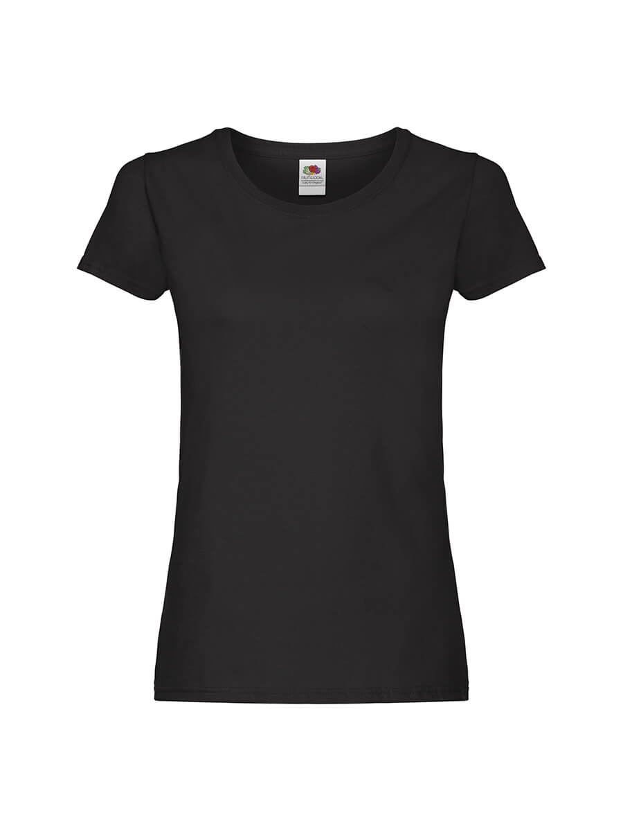 T-shirt nera da donna, ideale per stampa personalizzata con logo o grafica aziendale. Abbigliamento promozionale di alta qualità.