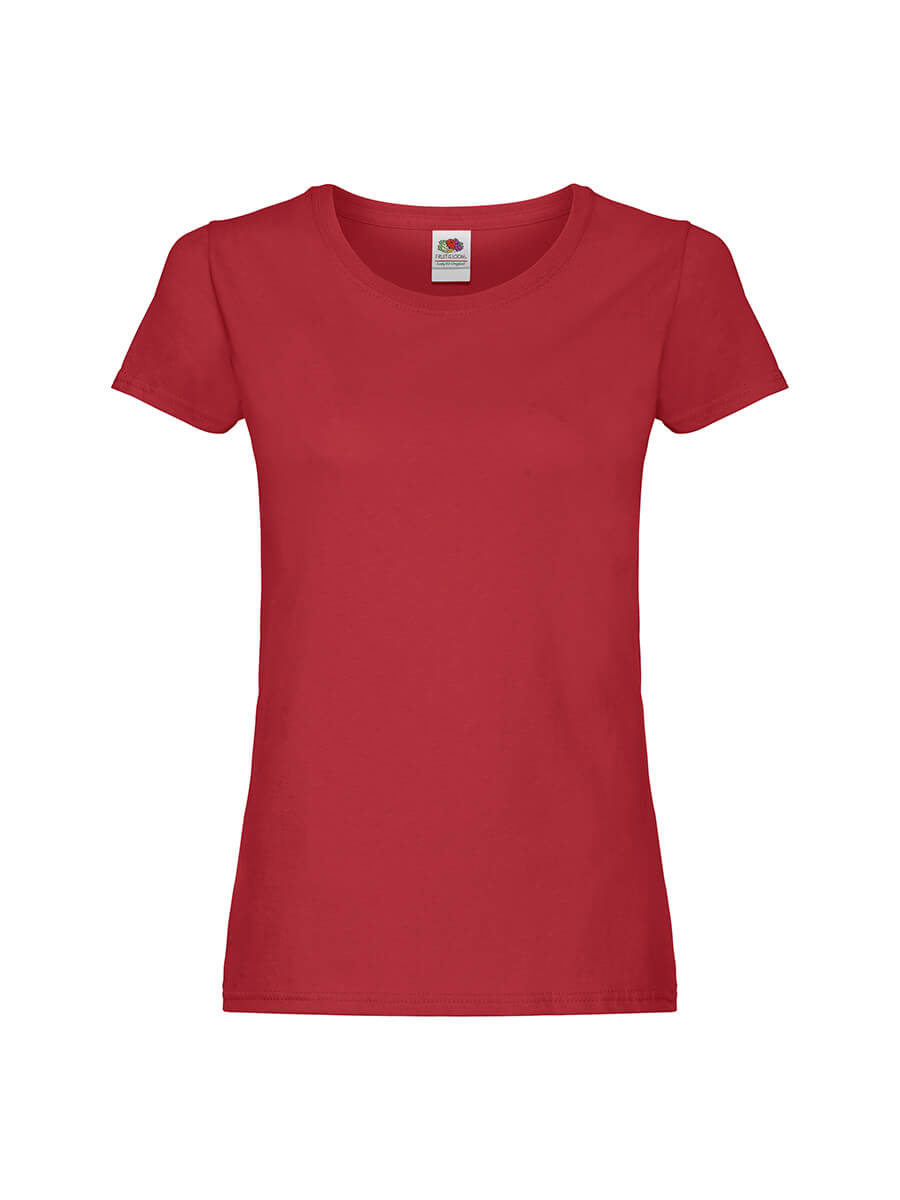 T-shirt rossa da donna, ideale per stampa personalizzata con logo o grafica aziendale. Abbigliamento promozionale di alta qualità per la tua comunicazione visiva.