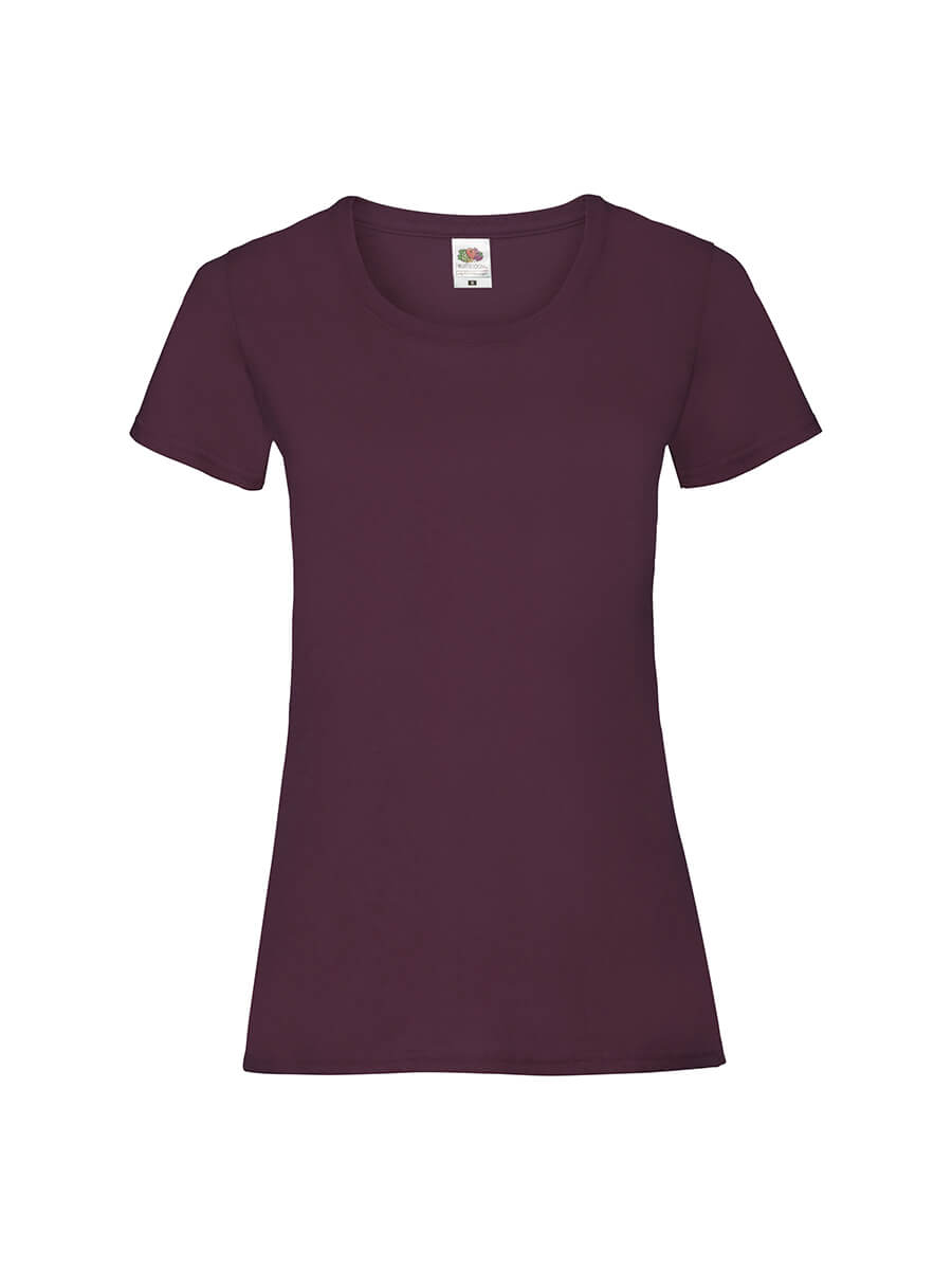 T-shirt donna bordeaux a manica corta, personalizzabile con stampa online. Ideale per eventi, promozioni e abbigliamento aziendale di qualità.