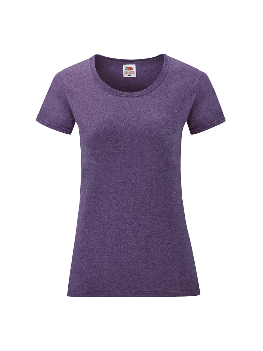 T-shirt donna viola melange, ideale per stampa personalizzata con logo o grafica aziendale. Abbigliamento promozionale online.