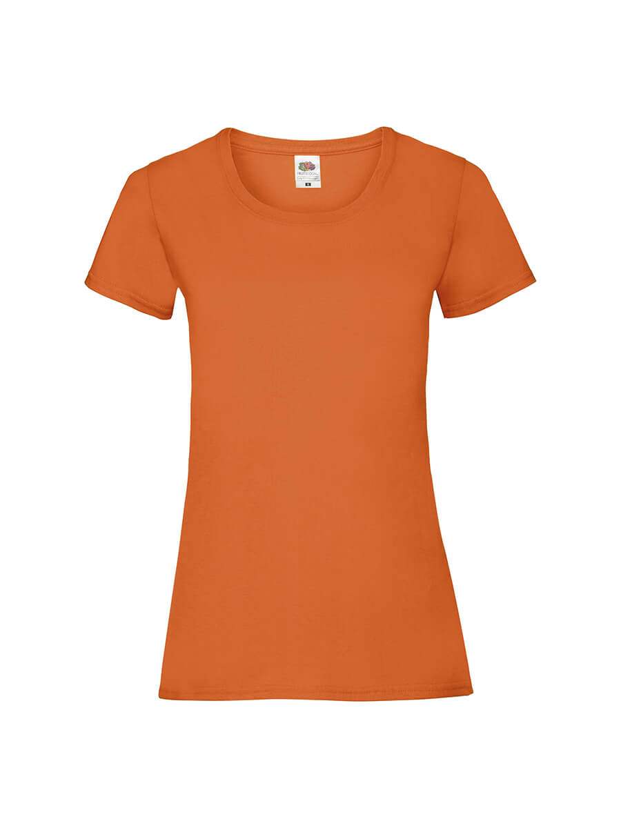 T-shirt arancione da donna, ideale per stampa personalizzata con logo o grafica aziendale. Perfetta per merchandising e abbigliamento promozionale.