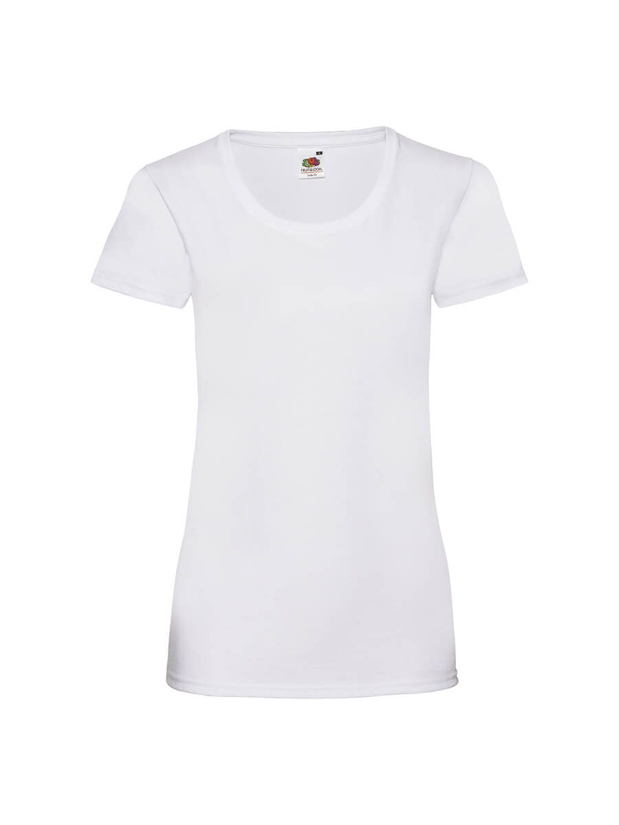 T-shirt bianca da donna, ideale per stampa personalizzata con logo o grafica. Perfetta per abbigliamento promozionale e merchandising.
