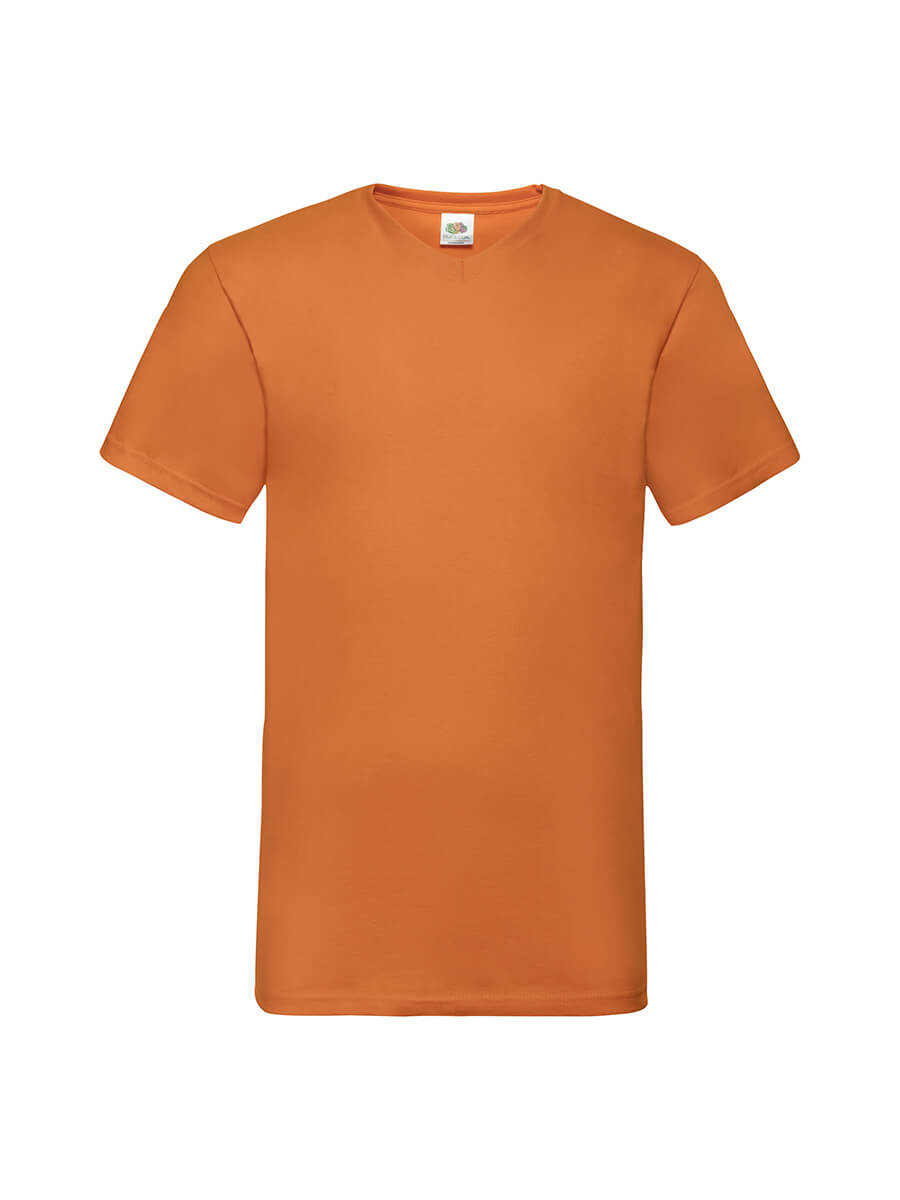 T-shirt arancione a V, ideale per stampa personalizzata con logo o grafica aziendale. Perfetta per merchandising e abbigliamento promozionale.