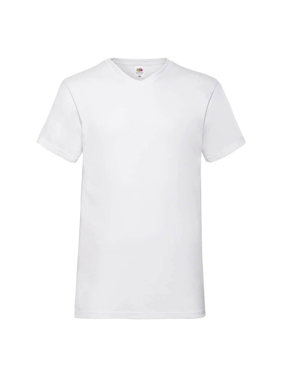 T-shirt bianca uomo V-neck, ideale per stampa logo e grafiche personalizzate. Abbigliamento promozionale e merchandising