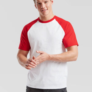 T-shirt uomo bicolore con maniche rosse e corpo bianco, ideale per stampa personalizzata online