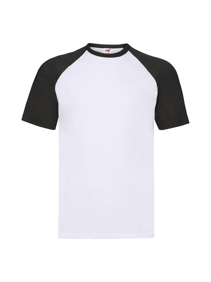 T-shirt bicolore con maniche raglan nere e corpo bianco, ideale per stampa personalizzata con logo o grafica aziendale. Perfetta per merchandising e abbigliamento promozionale.