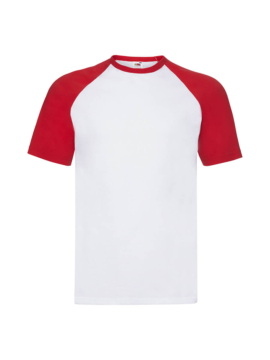 T-shirt bicolore bianca e rossa con maniche raglan, ideale per stampa logo o grafica personalizzata. Abbigliamento promozionale.