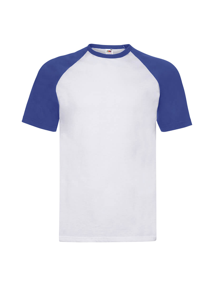 T-shirt bicolore bianca e blu royal con maniche raglan, ideale per stampa personalizzata con logo o grafica aziendale. Abbigliamento promozionale.