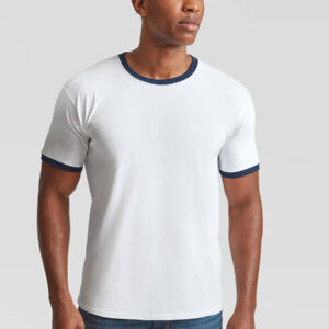 T-shirt bianca uomo con bordi blu navy, ideale per stampa logo o grafica personalizzata. Stampa online abbigliamento promozionale.