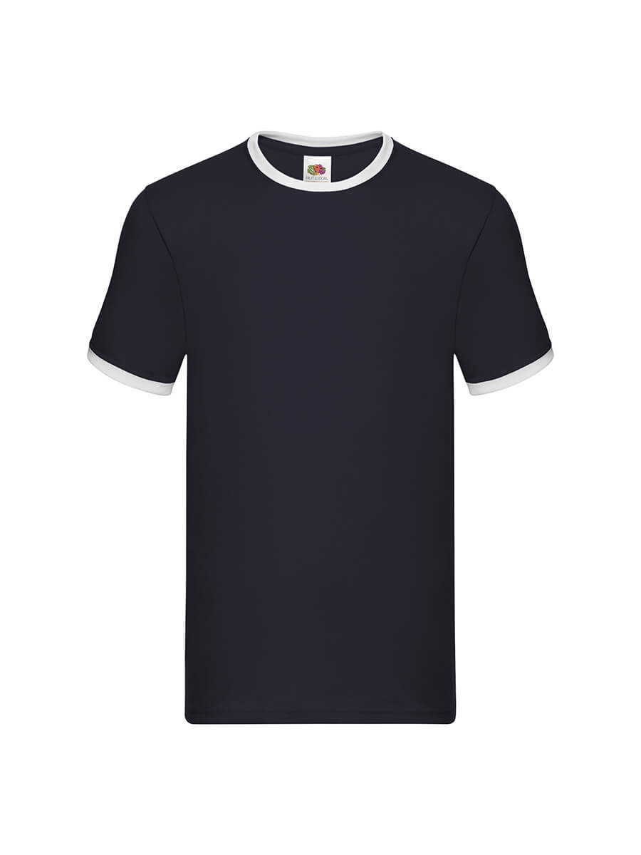 T-shirt blu con colletto e maniche a contrasto bianche, ideale per stampa logo e grafica personalizzata. Abbigliamento promozionale e merchandising.