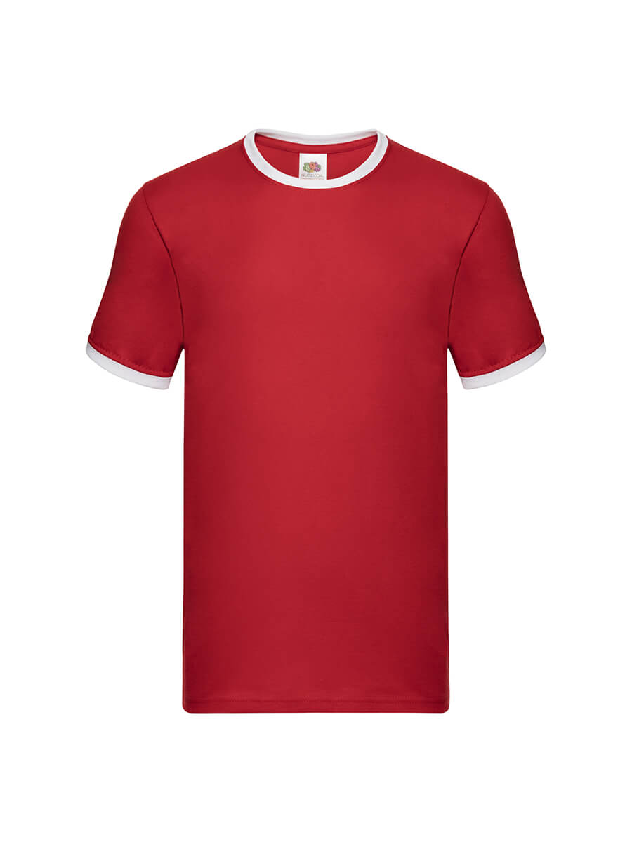 T-shirt rossa con bordi bianchi, ideale per stampa personalizzata con logo o grafica aziendale. Abbigliamento promozionale online.