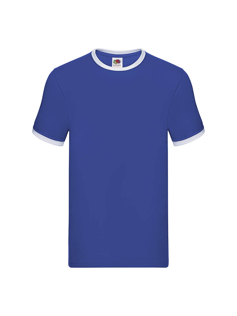 T-shirt ringer blu con bordi bianchi, ideale per stampa personalizzata con logo o grafica aziendale. Perfetta per merchandising e abbigliamento promozionale.