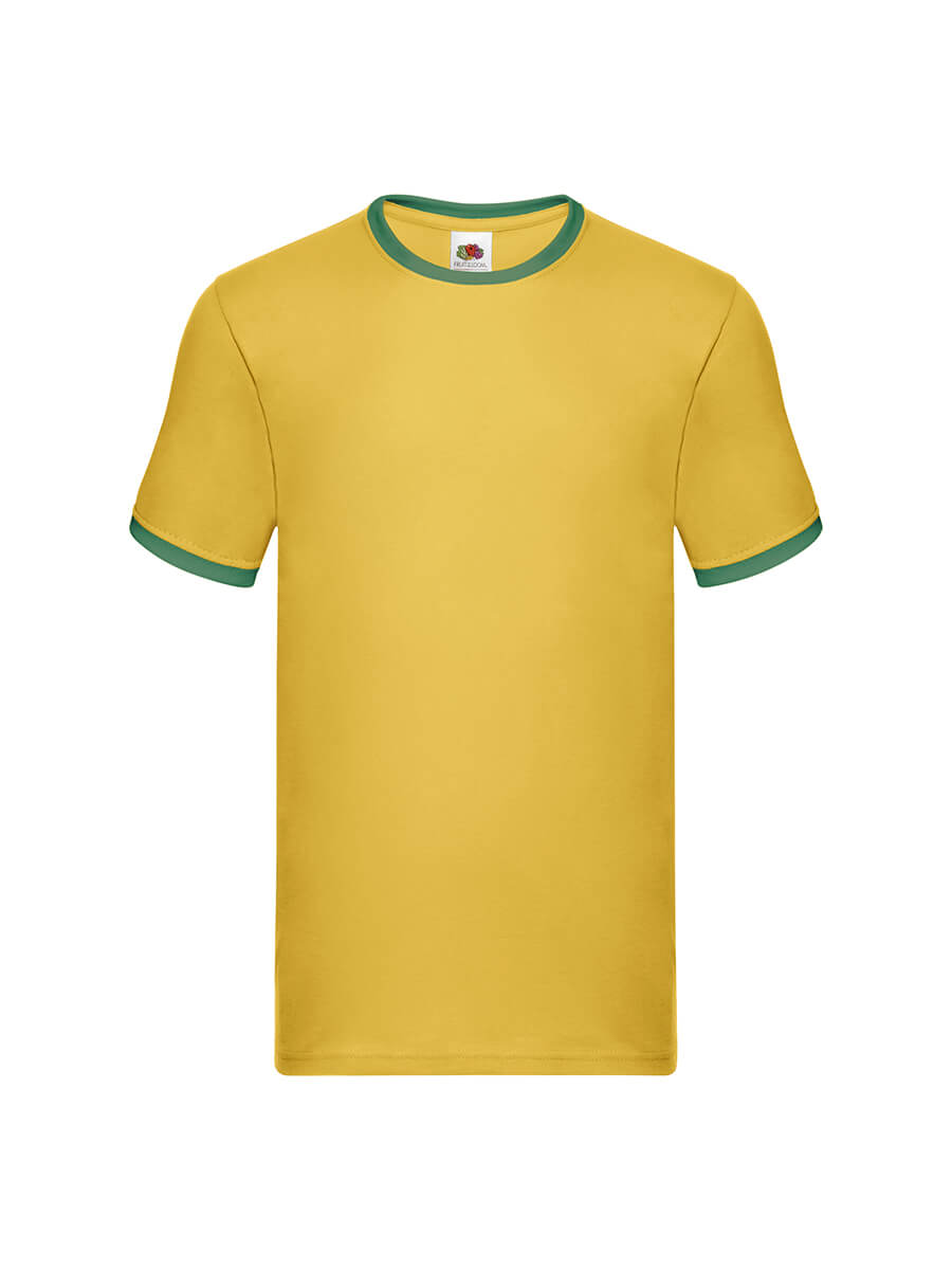 T-shirt gialla con dettagli verdi sul colletto e sulle maniche, ideale per stampa personalizzata online su abbigliamento promozionale e gadget aziendali.