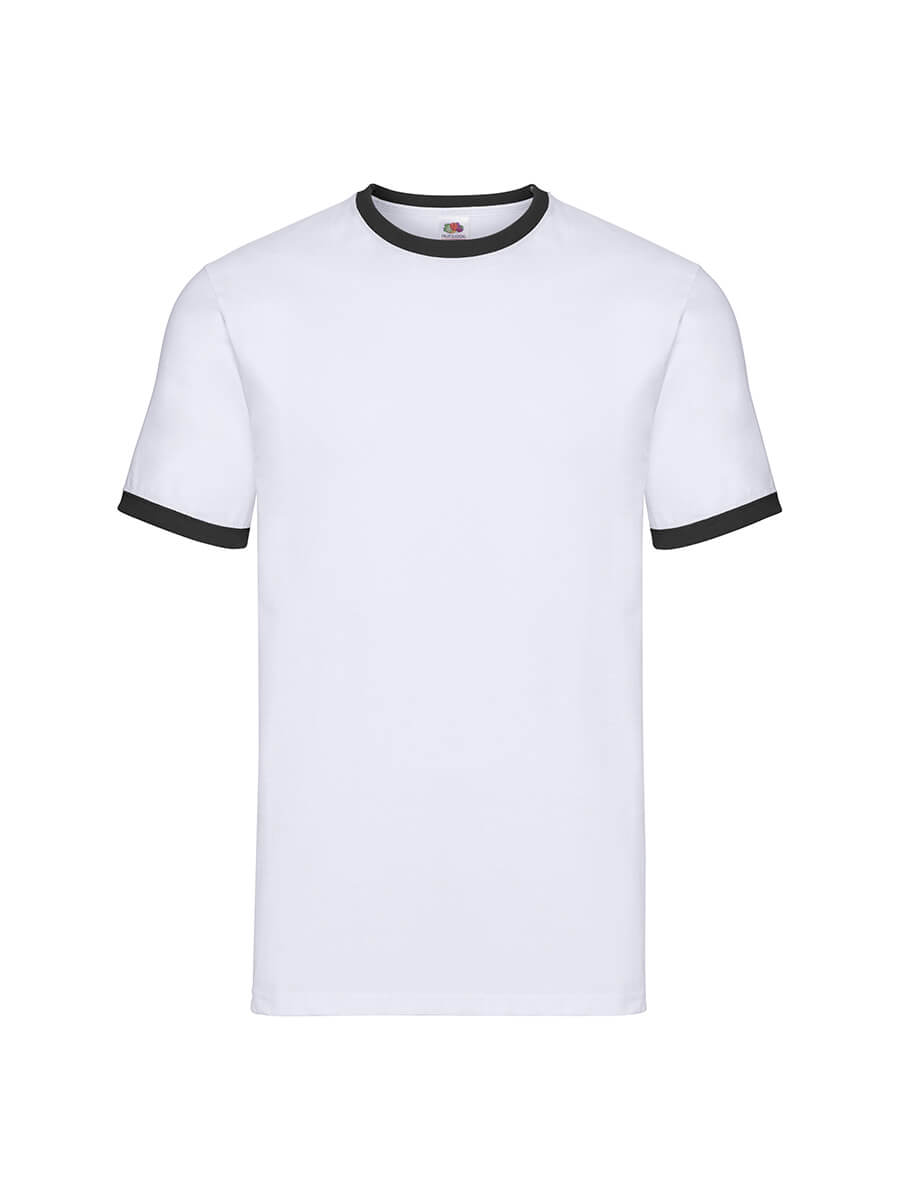T-shirt bianca con colletto e maniche a contrasto nere, ideale per stampa logo e grafica personalizzata. Abbigliamento promozionale e merchandising.