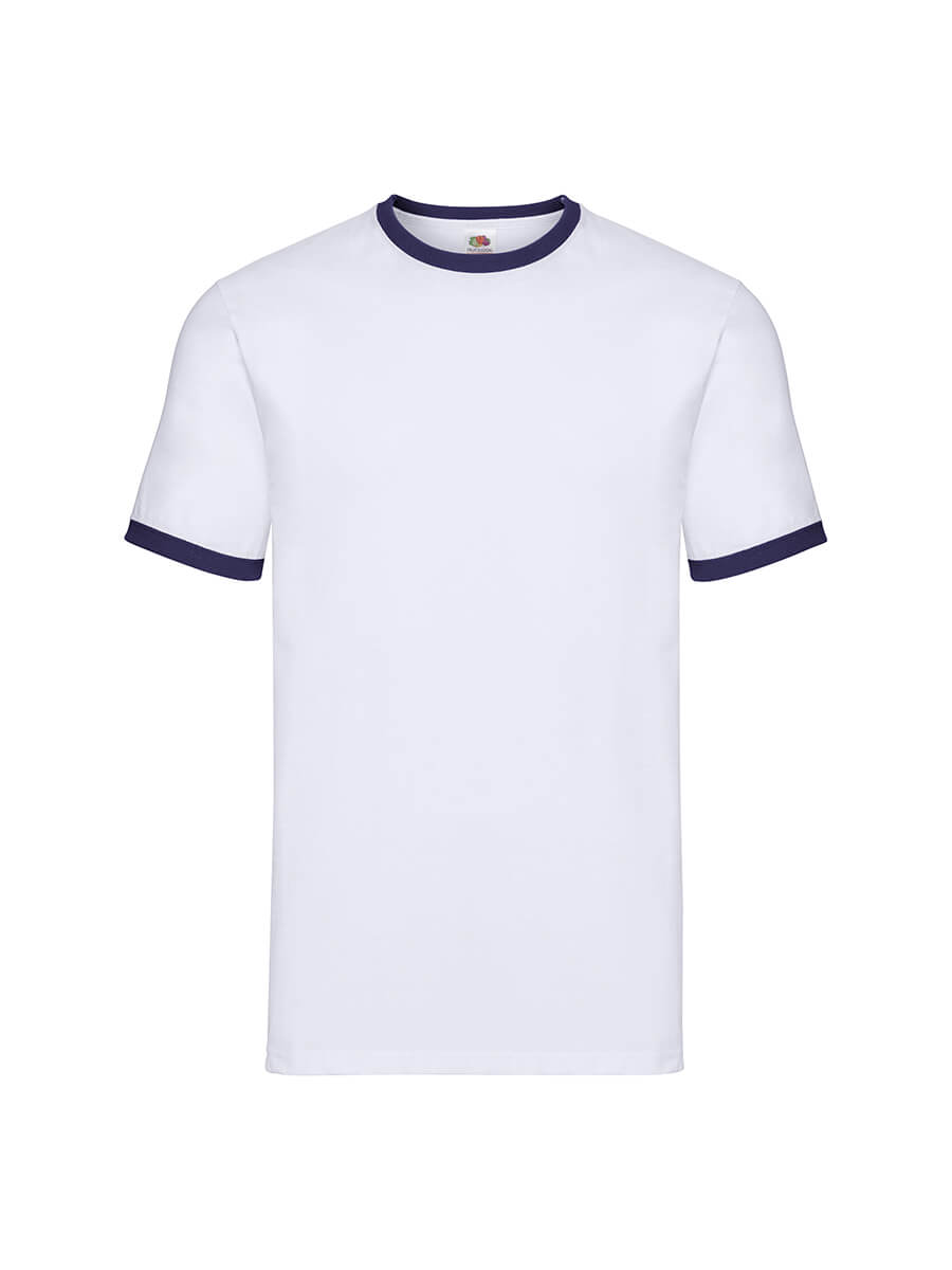 T-shirt bianca con colletto e maniche a contrasto blu, ideale per stampa personalizzata con logo o grafica aziendale.