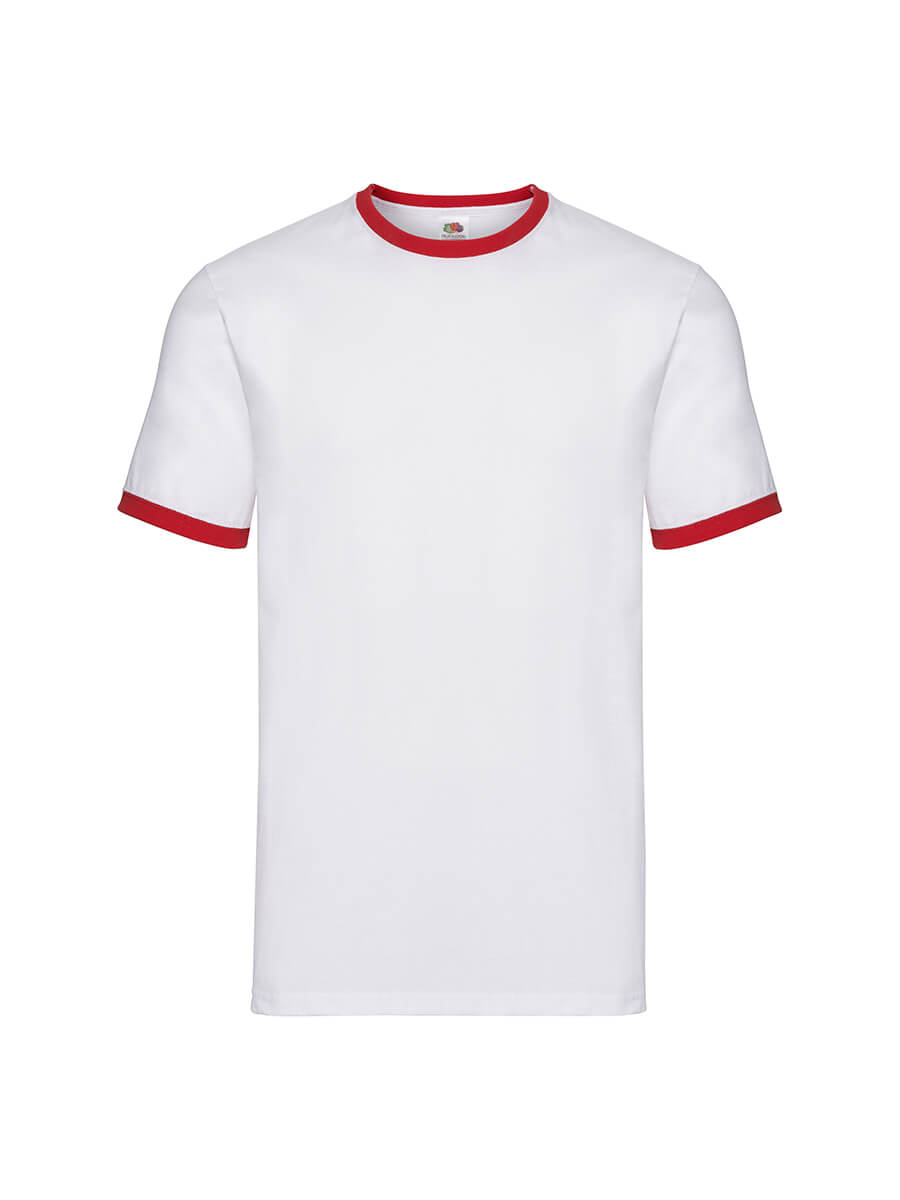 T-shirt bianca con colletto e maniche a contrasto rosse, ideale per stampa logo aziendale o grafica personalizzata.