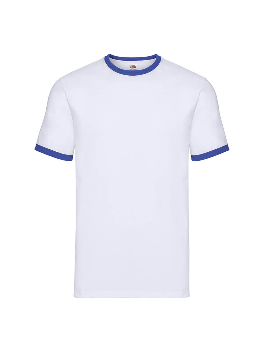 T-shirt bianca personalizzabile con bordi blu, ideale per stampa logo aziendale o grafica promozionale. Abbigliamento personalizzato online.