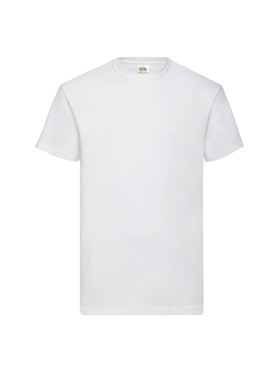 T-shirt bianca neutra, ideale per stampa personalizzata con logo o grafica aziendale. Abbigliamento promozionale.