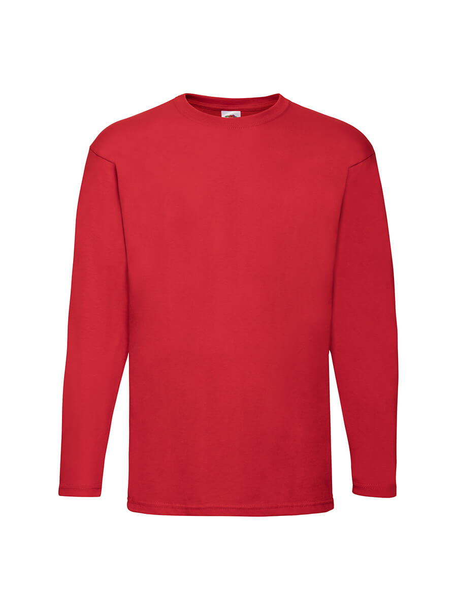 T-shirt rossa a manica lunga, ideale per stampa personalizzata con logo o grafica aziendale. Abbigliamento promozionale di qualità.
